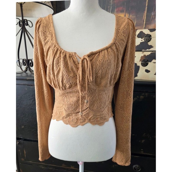 KIRIOUS LOS ANGELES Tops - KIRIOUS LA Womens Size L Dainty Brown Long Sleeve Cropped Top Babydoll Coquette